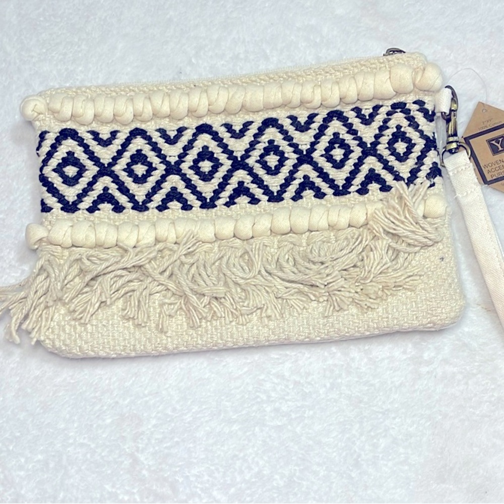NWT Y Boho Cream and Black Woven 100% Cotton Clutch